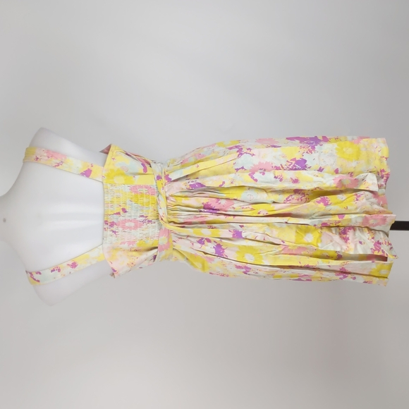 Portmans Women's Dress Size 14 Yellow Pink Floral V-Neck Shirring Bow Sleeveless - Picture 6 of 13